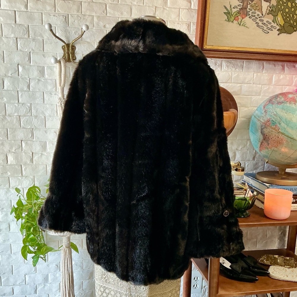 Vintage 50s 60s Chocolate Brown Faux Fur Coat Ornate Buttons + Leather Waist Tie - Picture 7 of 13